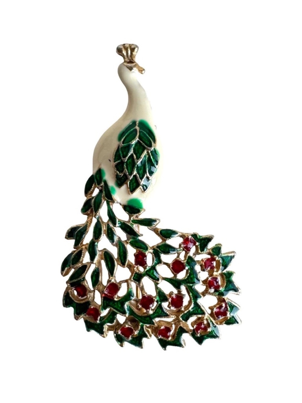Vintage Peacock Brooch Enamel Bird Pin Gold Tone White Green Red Rhinestone